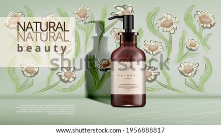 Ad Banner Template. Beauty Product Dispenser Bottle With Hand Draw Flowers. EPS10 Vector