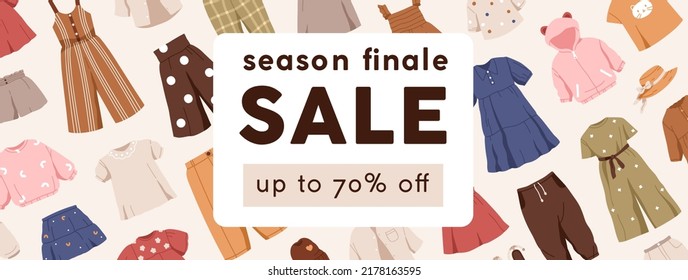 Ad banner template for kids clothes store, market. Final season sale, discount, price off advertisement, promo background design with childish garments, summer apparel. Flat vector illustrations