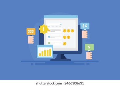 Ad bid auction, People bidding for ad placement on search engine result page, ad campaign bidding strategy - vector illustration with icons