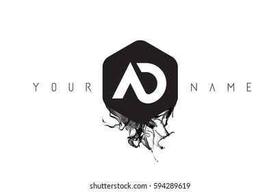 AD Black Ink Letter Logo Design with Rounded Hexagon Vector. 