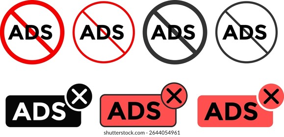 Conjunto de iconos de bloque de anuncios. Icono Sin anuncios. Quitar logotipos de anuncios.  Anuncios con marcas de prohibición
