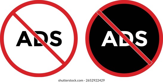 Conjunto de iconos de bloque de anuncios. Icono Sin anuncios. No hay icono de bloqueador de anuncios con color rojo y negro. Quitar logotipos de anuncios. Anuncios con marcas de prohibición
