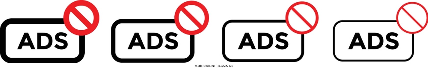 Conjunto de iconos de bloque de anuncios. Icono Sin anuncios. No hay icono de bloqueador de anuncios con color rojo y negro. Quitar logotipos de anuncios. Anuncios con marcas de prohibición
