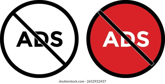 Conjunto de iconos de bloque de anuncios. Icono Sin anuncios. No hay icono de bloqueador de anuncios con color rojo y negro. Quitar logotipos de anuncios. Anuncios con marcas de prohibición
