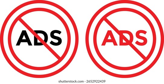 Conjunto de iconos de bloque de anuncios. Icono Sin anuncios. No hay icono de bloqueador de anuncios con color rojo y negro. Quitar logotipos de anuncios. Anuncios con marcas de prohibición
