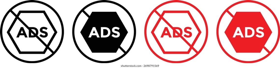 Conjunto de iconos de bloque de anuncios. Icono Sin anuncios. Quitar logotipos de anuncios.  Anuncios con marcas de prohibición