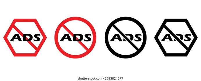 Bloque de anuncios y conjunto de iconos sin anuncios – Detenga los símbolos de publicidad con marcas de prohibición en Colección de Vector rojo y negro
