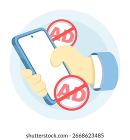 Werbeblocker. Die Konzepte der Werbeblockierung, des Online-Datenschutzes, der Internetsicherheit und des digitalen Schutzes sind voneinander getrennt. Hände, die ein Smartphone mit einer mobilen Ad-Blocker-App oder Browser-Erweiterung halten.