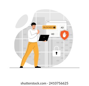 Ad blocking browser extension, online advertisement filtering software or application. Spam protection. Illustration with people scene in flat design for website and mobile development.	