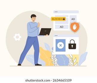 Ad blocking browser extension, online advertisement filtering software or application. Spam protection. Flat vector illustration.	
