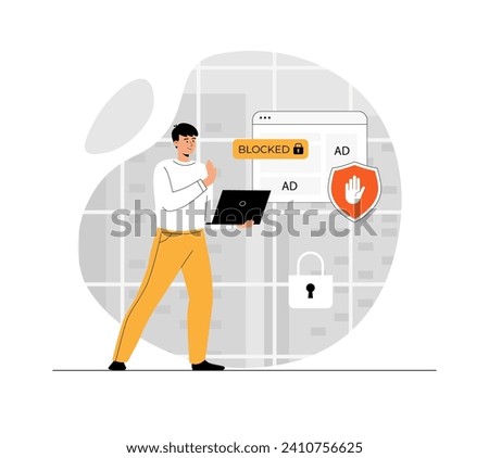 Ad blocking browser extension, online advertisement filtering software or application. Spam protection. Illustration with people scene in flat design for website and mobile development.	