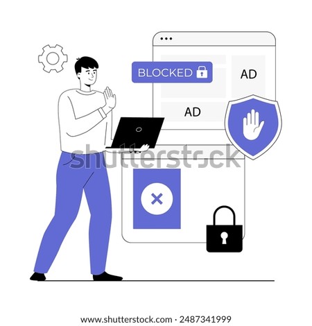 Ad blocking browser extension, online advertisement filtering software or application. Spam protection. Vector illustration with line people for web design.	