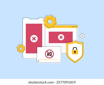 Ad blocking illustration - mobile and web screens, security shield and crossed ads, highlighting privacy protection, pop-up removal, ad-free browsing, online safety and user experience enhancement