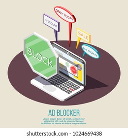 Ad blocking isometric composition on brown round with protected laptop from annoying advertisement vector illustration