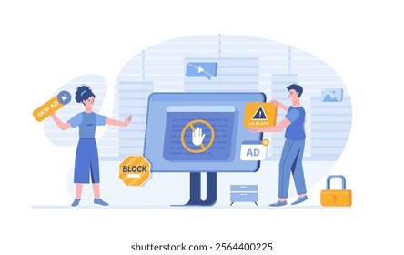 Ad Blocking. No advertising, anti spam protection, without ads concept. Website Adblock software, skip button. Vector illustration with characters in flat design for web banner.	
