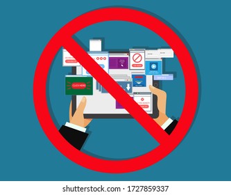 Ad Blocking, Pop Up Ad Blocker Flat Vector Banner Icon. Advertising On The Tablet.Stop Spam.