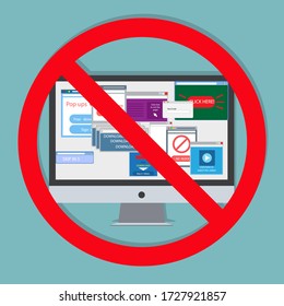 Ad Blocking, Pop Up Ad Blocker Flat Vector Banner Icon. Advertising On The Computer. Stop Spam.