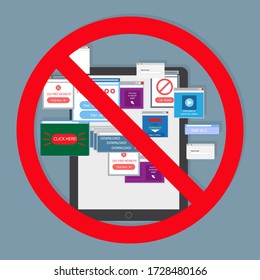 Ad Blocking, Pop Up Ad Blocker Flat Vector Banner Icon. Advertising On The Tablet.Stop Spam.