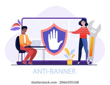 Ad blocking software concept. Protecting your computer from virus. Internet security. Browser, advertising blocking, plugins, Webste, page, modern technology. Cartoon flat vector illustration