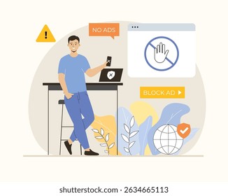 Ad blocking software concept. Removing online advertising, ad filtering tools, internet browser extension. Flat vector illustration.	
