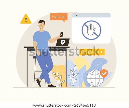 Ad blocking software concept. Removing online advertising, ad filtering tools, internet browser extension. Flat vector illustration.	
