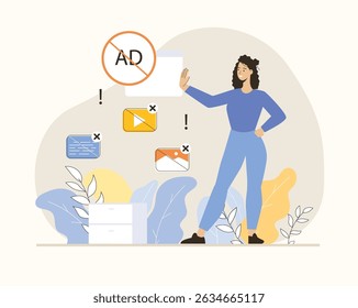 Ad blocking software. Removing online advertising, anti-spam protection, browser extension, mail filter. Flat vector illustration.	
