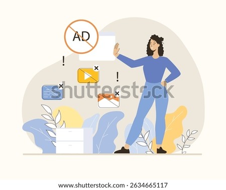 Ad blocking software. Removing online advertising, anti-spam protection, browser extension, mail filter. Flat vector illustration.	
