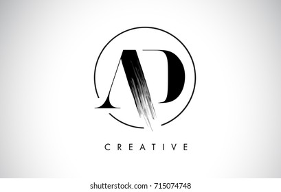 AD Brush Stroke Letter Logo Design. Black Paint Logo Leters Icon with Elegant Circle Vector Design.