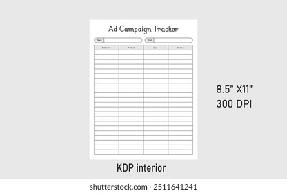 Ad Campaign Tracker KDP Interior-100% Unique und High-Resolution Interior.
Wir sind zuversichtlich, dass dieser Insider Ihnen bei Ihrem Weg zur Veröffentlichung von Inhalten helfen wird.
