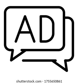 Ad in chat bubbles icon. Outline ad in chat bubbles vector icon for web design isolated on white background