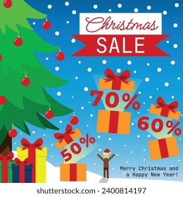 Ad of Christmas Sale - Snowy Scenery, Pine Tree Decorated with Red Balls and Gifts Opening with Discounts 50%, 60% and 70% off
