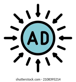 Ad in a circle and arrows icon. Outline ad in a circle and arrows vector icon color flat isolated