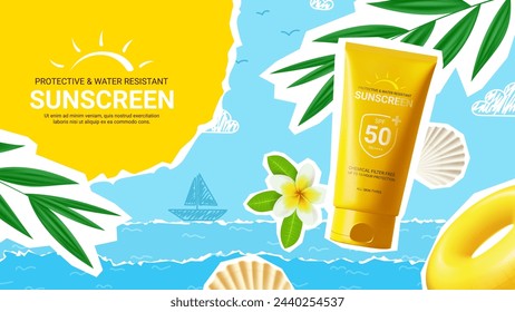 Ad collage for promotion sunscreen. Banner with collage items with sunscreen, seashells, leaves, torn paper and doodles. Vector illustration for promotion of summer goods and cosmetics.