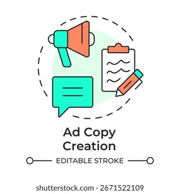 Ad copy creation multi color concept icon. Advertisement organization, promoting. Round shape line illustration. Abstract idea. Graphic design. Easy to use in presentation, infographic
