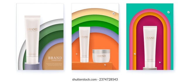 Ad of cosmetic and sunscreen cream. Products on paper cut backgrounds.