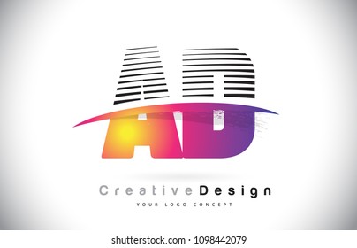 AD A D Letter Logo Design With Creative Lines and Swosh in Purple Brush Color Vector Illustration.