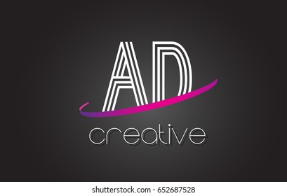 AD A D Letter Logo with Lines Design And Purple Swoosh Vector Letters Illustration.