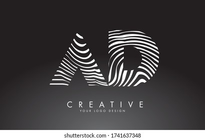 AD a d Letters Logo Design with Fingerprint, black and white wood or Zebra texture on a Black Background. Creative AD a d vector illustration with black and white lines.