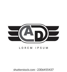 AD or DA Letter Logo Design with a Creative Cut Letter Initial Logo Design with wings logo design