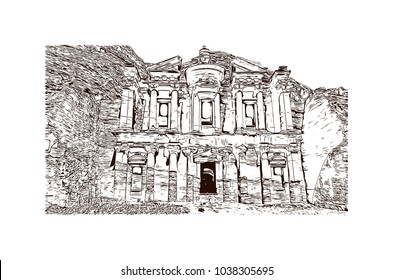 Ad Deir, also known as El Deir, is a monumental building carved out of rock in the ancient Jordanian city of Petra, Jordan. Hand drawn sketch illustration in vector.