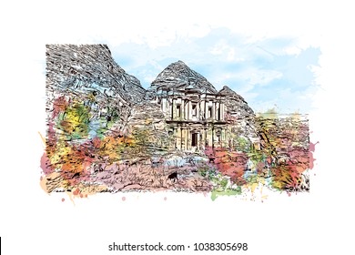 Ad Deir, also known as El Deir, is a monumental building carved out of rock in the ancient Jordanian city of Petra, Jordan. Watercolor splash with Hand drawn sketch illustration in vector.