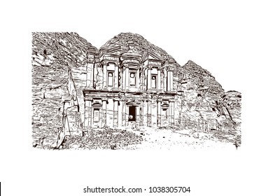 Ad Deir, also known as El Deir, is a monumental building carved out of rock in the ancient Jordanian city of Petra, Jordan. Hand drawn sketch illustration in vector.