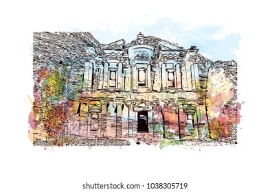 Ad Deir, also known as El Deir, is a monumental building carved out of rock in the ancient Jordanian city of Petra, Jordan. Watercolor splash with Hand drawn sketch illustration in vector.