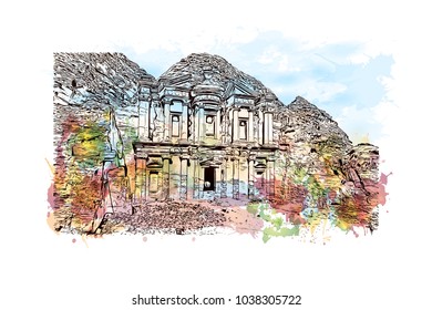 Ad Deir, also known as El Deir, is a monumental building carved out of rock in the ancient Jordanian city of Petra, Jordan. Watercolor splash with Hand drawn sketch illustration in vector.