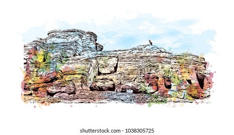 Ad Deir, also known as El Deir, is a monumental building carved out of rock in the ancient Jordanian city of Petra, Jordan. Watercolor splash with Hand drawn sketch illustration in vector.