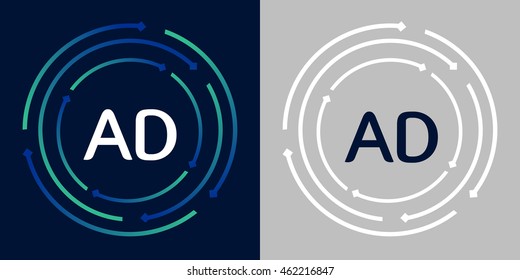 AD design template elements in abstract background logo, design identity in circle, letters business logo icon, blue/green alphabet letters, simplicity graphics