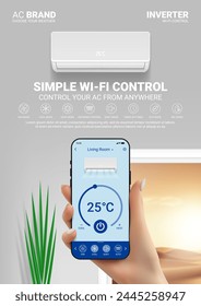 Ad flyer of air conditioner. Concept of ac with wi-fi remote control. Vector illustration with air conditioner on wall and woman's hand holding phone with app for remote control of air conditioner.