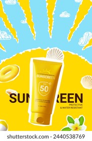 Ad flyer for promotion sunscreen. Poster with collage items with sunscreen, seashells, leaves, torn paper and doodles. Vector illustration for promotion of summer goods and cosmetics.