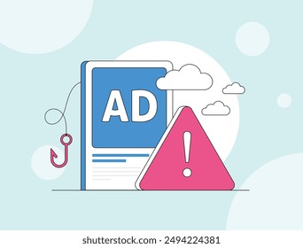 Concepto de fraude publicitario. Fraude de Hacer clic publicitarios, no tráfico falso en marketing digital de redes publicitarias. Fraude de impresión, estafas en línea con actividad fraudulenta, pérdida de ROI de anuncios. Ilustración vectorial aislada