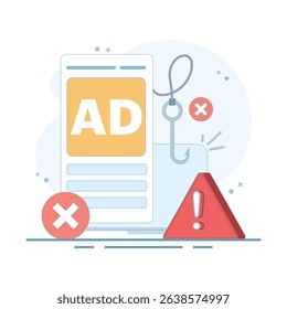 Ad fraud concept. Ad click fraud. Ad fraud generates fake ad impressions, makes money, cyber and crime, fraud alerts, hacker attacks and web security. flat design illustration.